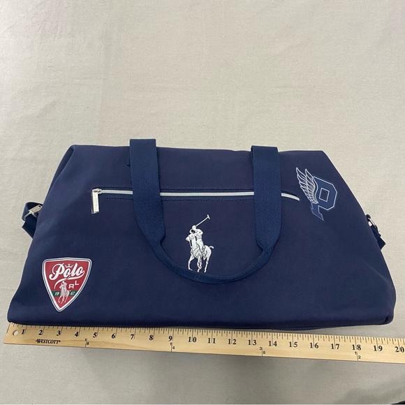 Polo Ralph Lauren Fragrances Logo P Wing Patch Duffle Gym Travel Bag Navy Blue - Picture 12 of 12